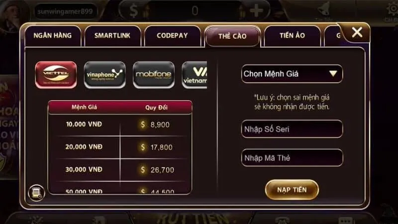 Nạp Tiền SUNWIN - 6 Bước Nạp Nhanh Và An Toàn Nhất 2026 Nạp tiền Sunwin qua thẻ cào nhanh chóng